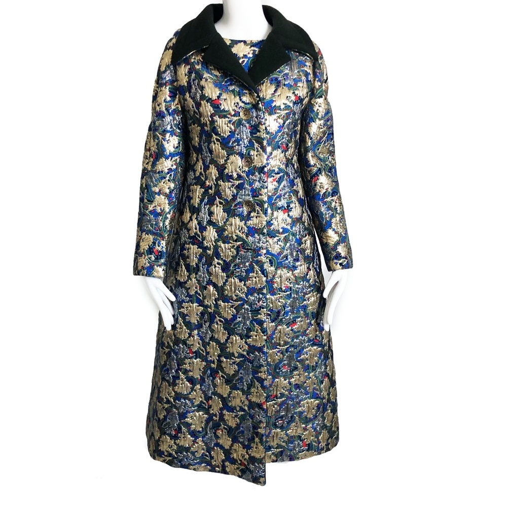 James Galanos Brocade Suit 3pc Long Vest Tunic Top Skirt Metallic Formal Vintage